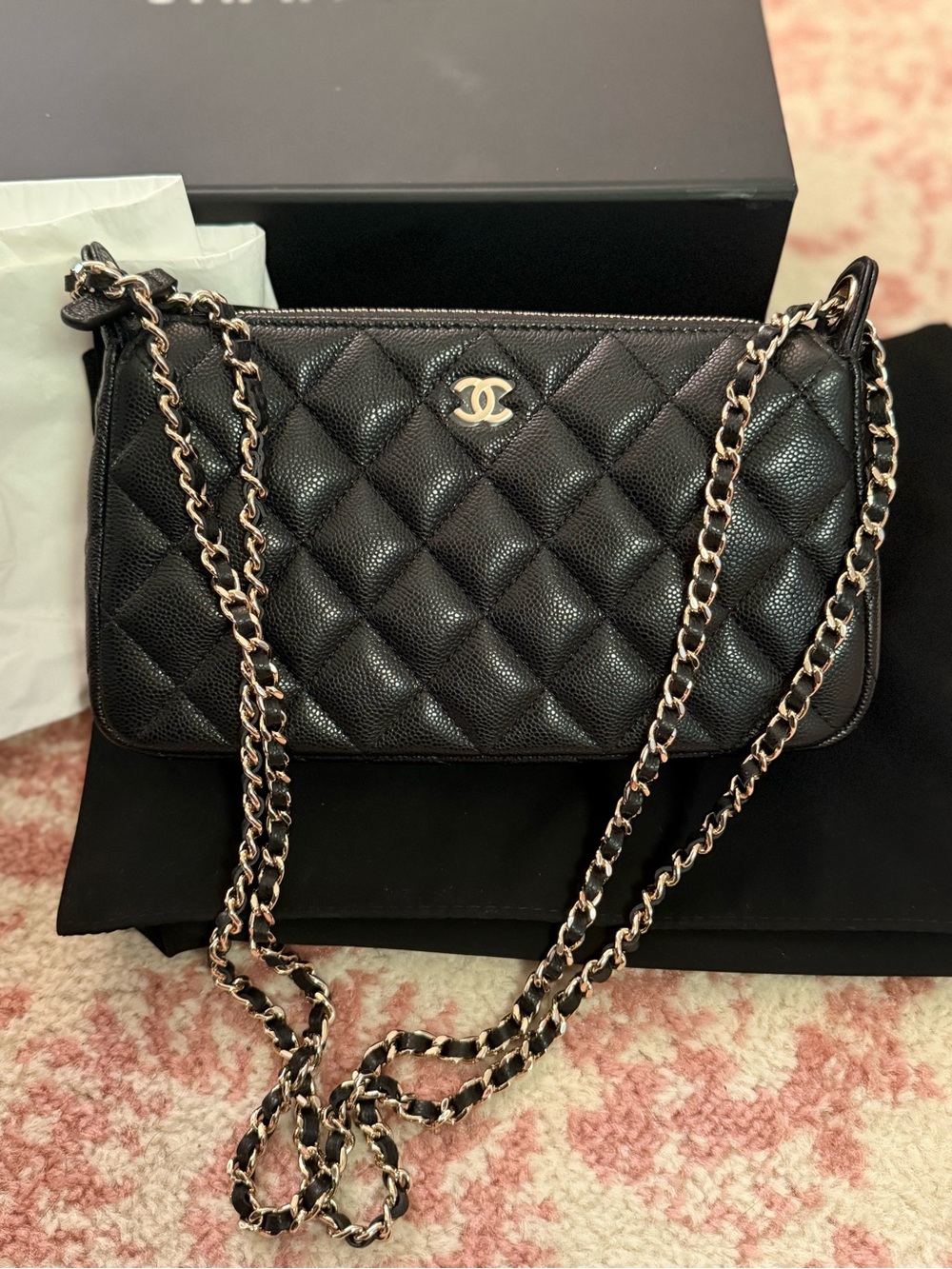 Chanel Quilted Caviar Black Leather Shoulder Bag with Chain Strap